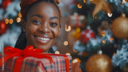 Woman Holding Present In Front of Christmas Tree