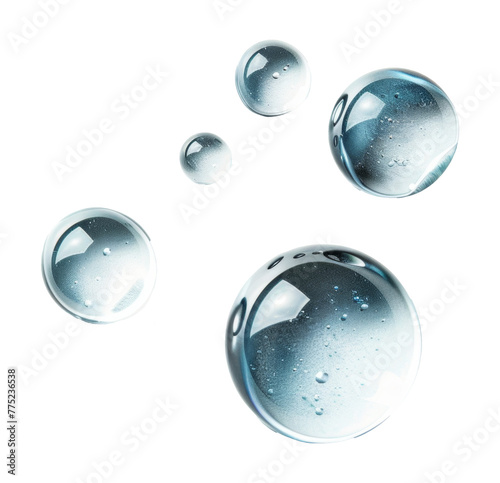 Transparent water droplets on glass spheres with reflections isolated on transparent background