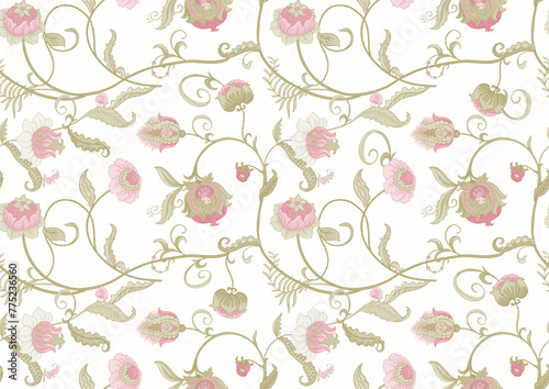 Fantasy flowers in retro, vintage, jacobean embroidery style. Seamless pattern, background. Vector illustration.