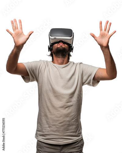 Young man wearing virtual reality headset isolated on transparent background, future tech concept