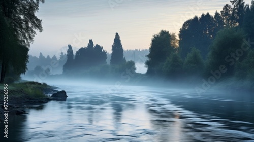 Misty morning and serene river in nature