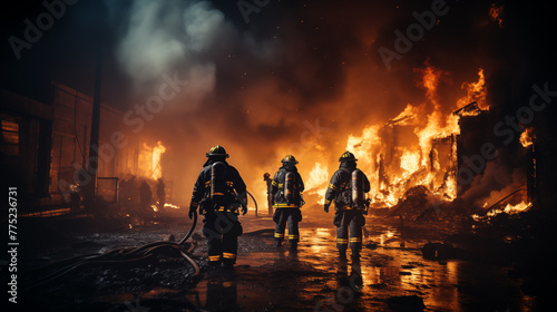 brave firefighters spring into action, battling flames with skill and determination to protect lives and property teamwork and courage of firefighters putting out a fire, risking their safety 