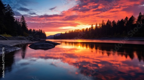 Beautiful landscape of calm river and fiery sunset