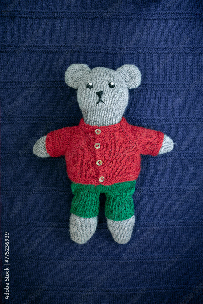 DIY knitted bear toy. Sweet, soft woollen teddy bear handmade.