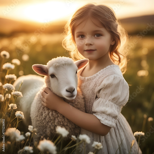 A child embracing a lamb amidst a serene field of blossoming flowers, illuminated by the golden hues of sunset