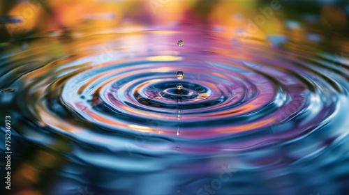 Colorful water droplets creating ripples
