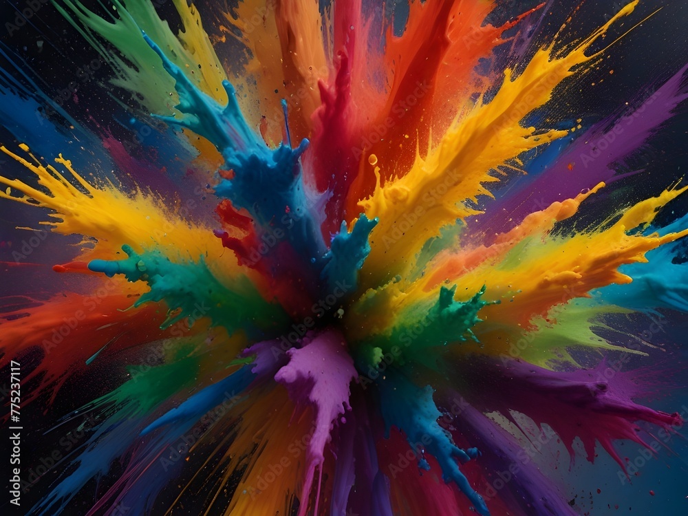 A dynamic, abstract explosion of paint splatters in a rainbow of colors, generative AI A dynamic, abstract explosion of paint splatters in a rainbow of colors, generative AI