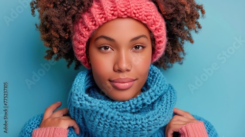 Woman Wearing Blue Scarf and Pink Knitted Hat