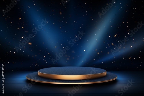 3D stand with golden glitter and spotlight background 