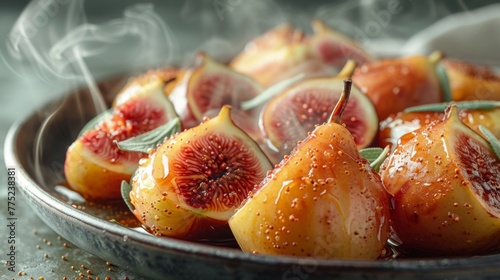 An AI-designed image featuring a picture frame of hot, grilled pears and figs, with caramelization marks visible, set against a clean white canvas. photo