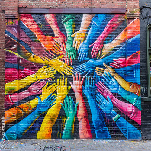 A mural of diverse hands holding each other, painted in bright, bold colors, depicting the strength and unity integrity brings to communities photo