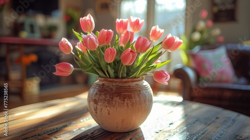 Pink Flowers in Vase on Wooden Table