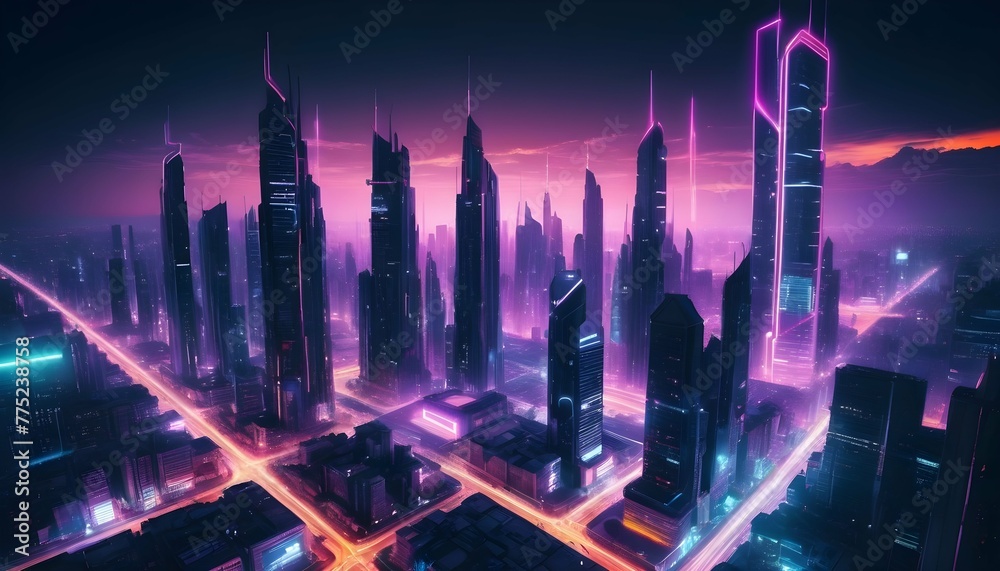 Abstract Futuristic Cityscape With Neon Lights An