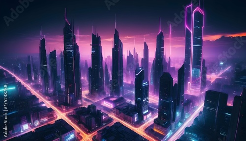 Abstract Futuristic Cityscape With Neon Lights An