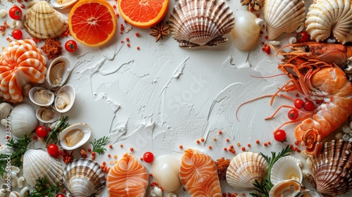 An AI-generated image of a frame composed of delicately arranged fish and shellfish, set on a white background, where the silvers, pinks, and oranges shine through