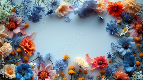 An AI-generated image showcasing a picture frame crafted from the vibrant petals of edible flowers, set on a white canvas, emphasizing the subtle beauty and delicate colors in a minimalist composition