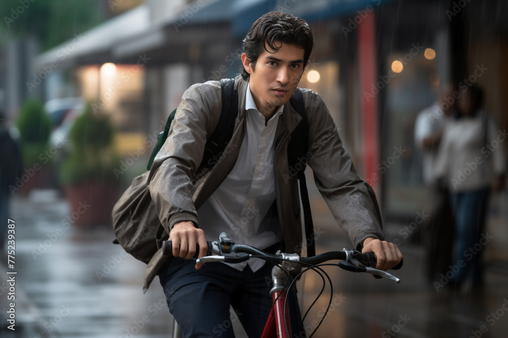 A beautiful young adult of Asianformal man riding his bicycle to work, a backside portrait of a guy commuting on a bicycle on a rainy day in an urban street at mid-day 