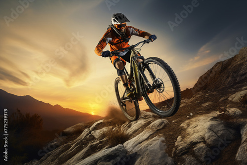 A stunning foto of a young adult and Latin man riding his bicycle on a rocky mountain, a backside portrait of a guy racing his mountain-bike on a hillside full of rocks at sunset 