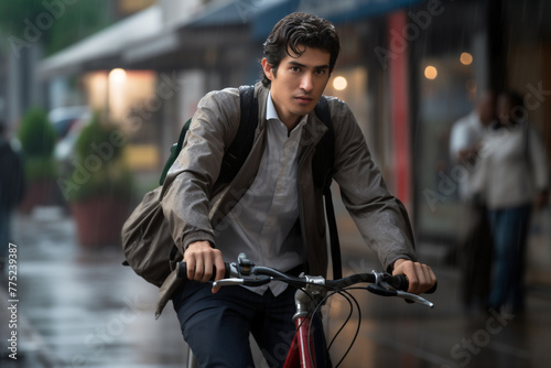 A beautiful young adult of Asianformal man riding his bicycle to work, a backside portrait of a guy commuting on a bicycle on a rainy day in an urban street at mid-day  © pangamedia
