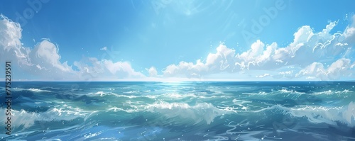 Sunny ocean panorama with vibrant blue waves and sky © LabirintStudio