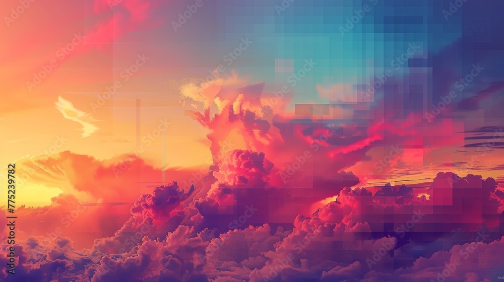 Abstract colorful cloudscape with digital glitch effect