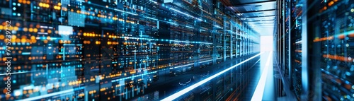 Inside the heart of technology, a server room where the data highway stretches infinitely, connecting points across the globe