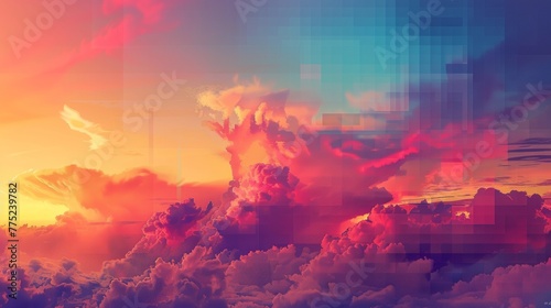 Abstract colorful cloudscape with digital glitch effect © LabirintStudio
