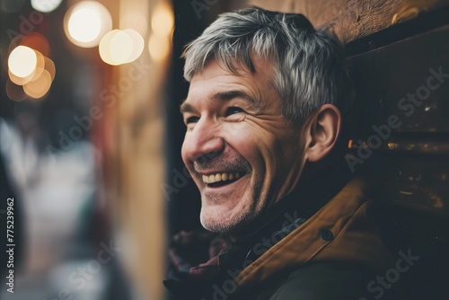 Portrait of a happy senior man smiling at the camera in a pub