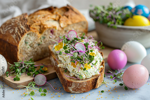 A slice of sourdough bread with bread spread made of leftover dyed Easter eggs, with microgreens