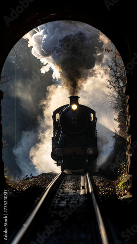 Steam train emerging from a tunnel