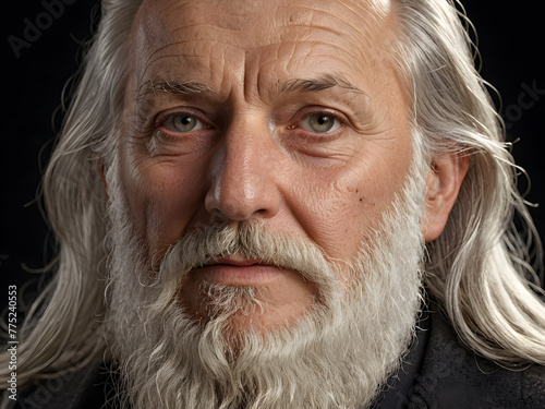 Close up portrait of an old man with long white beard and mustache. Biblical character. © Anna