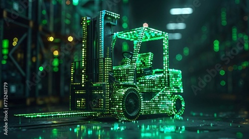 digital green forklift truck with glowing data streams symbolizes the optimization of artificial intelligence in warehouse management and inventory control. 
 photo