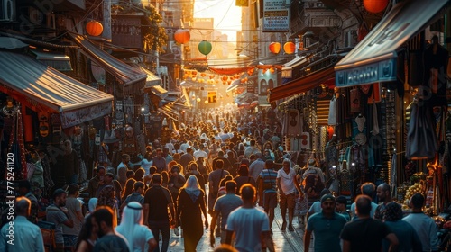 Colorful market scene in golden hour detailed high angle shot with realistic contrast
