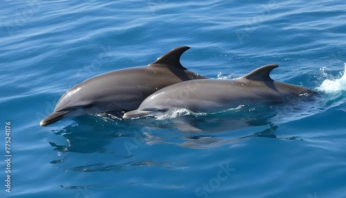 A Mother Dolphin Swimming Closely With Her Calf