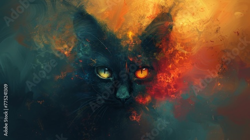 Abstract fiery cat with mystical eyes photo