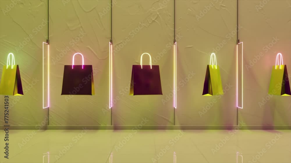 The 3D Animation Displays A Gallery Of Shopping Bags With Glowing the-3d-animation-displays-a-gallery-of-shopping-bags-with-glowing