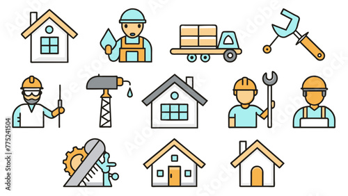  set-home-renovation-color-line-icons-repairman- white background vector illustration