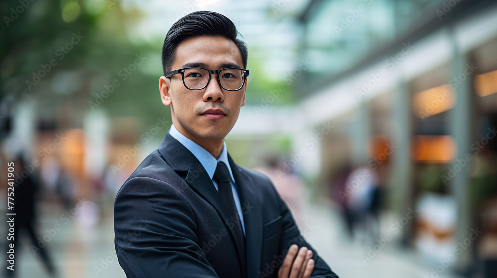Young Asian Businessman in Urban Setting, Corporate Businessman with Glasses Looking Forward Young Asian Businessman in Urban Setting, Corporate Businessman with Glasses Looking Forward