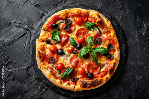 Fresh pizza with black olives, cheese and tomatoes on black background