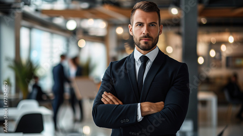Handsome caucasian Businessman in a Modern Corporate Setting, Determined Corporate Leader with Beard
