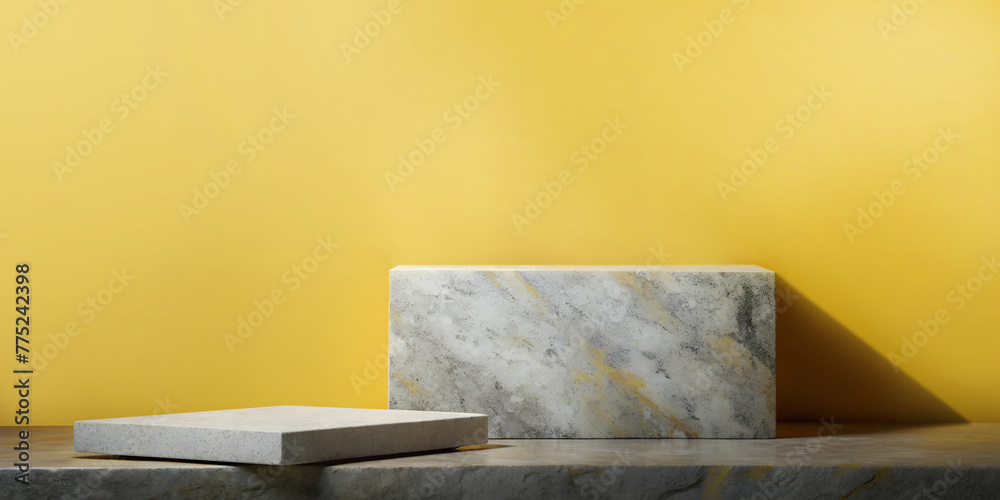 3D podium square White marble. Product showcase ideas with Simple luxury promotion on yellow wall. banner, copy space, website, 3d rendering.