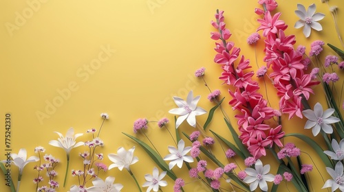 Group of Pink and White Flowers Against Yellow Wall