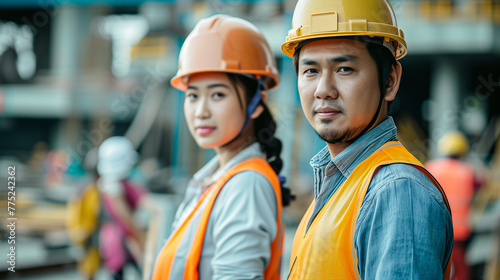 Two construction asian engineers men and woman wearing helmets, Male and Female Engineers Planning on Site