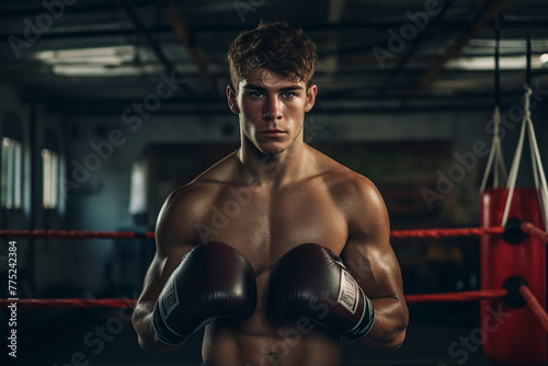 Boxer in a ring boxing match throws a powerful punch created with generative AI technology © Tetiana