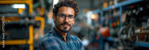 Young man wearing glasses working as engineer scientist technology research, latin, portrait photo, blur background, Gen AI