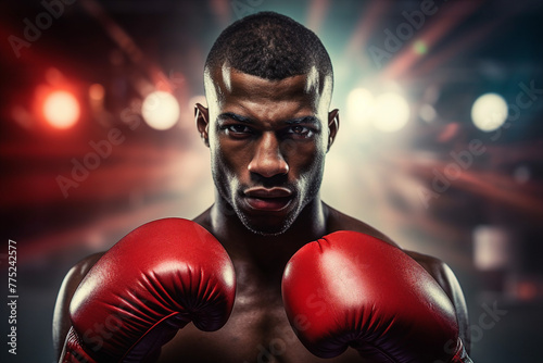 Male boxer fighting with gloves in a boxing ring generative AI © Tetiana