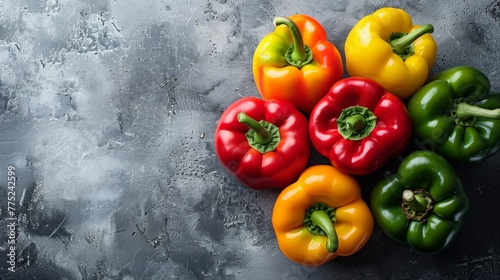 An AI-crafted visual with a handful of hot  colorful bell peppers placed in the upper right corner  against a clean white background. The composition deliberately leaves a significant empty area