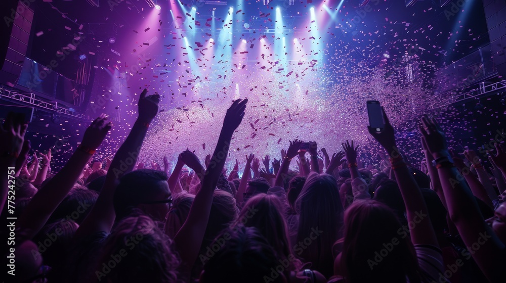 Energetic Crowd at Concert With Confetti