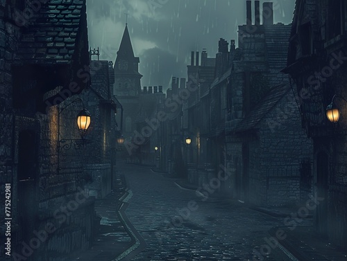 A gloomy street in a deserted town with eerie shadows