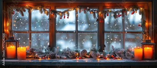 window sill in a Swedish home decorated for Christmas. Festive christmas background
